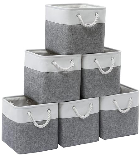 ICEMOR 28 x 28 x 28 cm Cube Storage Bins, 6 Pack Large Collapsible Fabric Storage Bin with Ropes, Foldable Storage Cubes for Home, Office,Closet, Clothes, Toys Organizer (White & Grey )