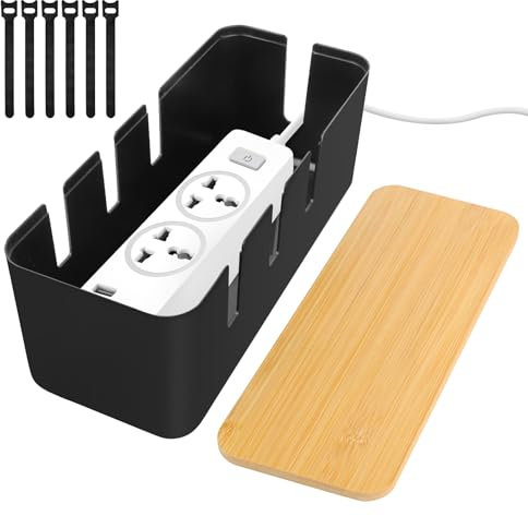 QOUBNIC Kabelmanagementbox, Kabelmanagement Box Aufbewahrungsbox für Kabel mit Bambusdeckel, Kabelaufbewahrungsbox zum Verstecken von Kabeln Organisieren von Computerverkabelung und Losen Kabeln