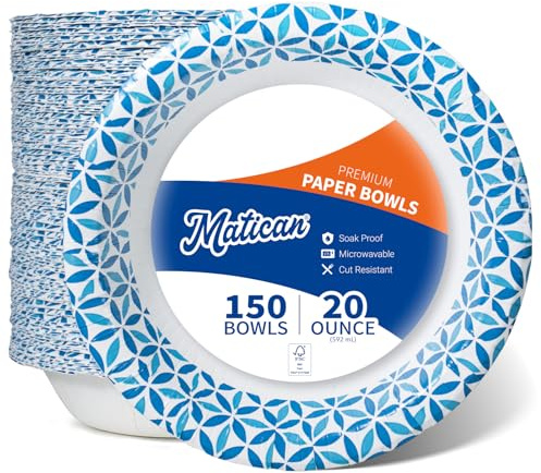 Bol en papier, 600 ml, 150 unités, résistant au micro-ondes, imperméable, bols jetables avec design Infini Pétale, idéal pour soupes, salades, collations et repas