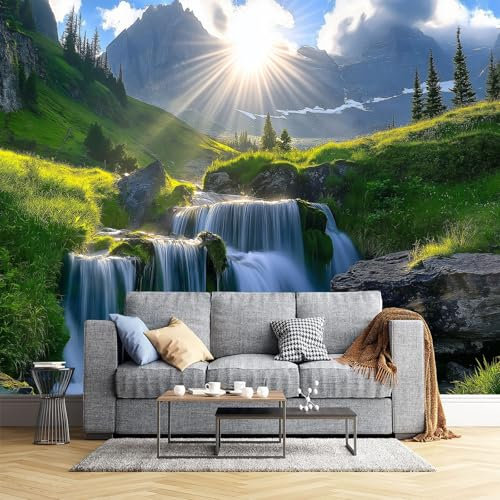 Fotomural Pared Cascada De Pradera Paisaje Soleado De Montaña| Fotomural Para Paredes | Mural | Foto Mural Decorativo | Varias Medidas 260X175Cm | Decoración Comedores, Salones, Habitaciones