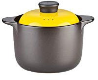 Olla de cerámica para Cocina, sopera, cazuela con Tapa, Olla de Barro con Doble asa y Tapa Amarilla, Utensilios de Cocina de cerámica, Redonda y Negra.