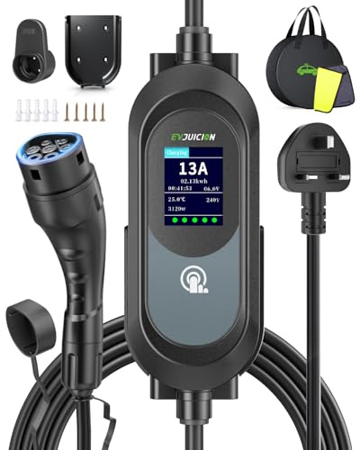 EVJUICION EV Charger 3 Pin Plug, 15M 3.1kW 6-13A 3 Pin EV Charger, Portable Electric Car Charger for up to 12H Delayed Start Charging with 2.4″ LED Screen, IP67 for EVs & PHEV