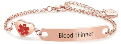 FGT Rose Gold Medical Alert ID Bracelet for Women Men Adults Emergency Medical Jewelry Heart Stainless Steel Adjustable Chain Bracelet