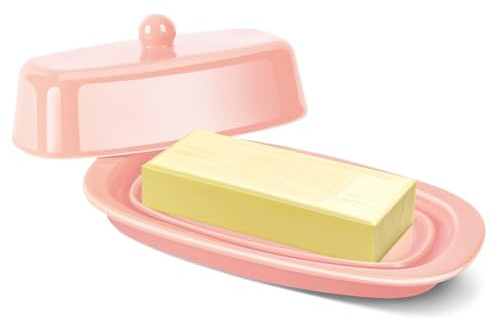 Flexzion Ceramic Pink European Butter Dish with Lid for Countertop (7 Inch) - 1 Stick Butter Holder for Counter, Cream Cheese Container Storage Keeper
