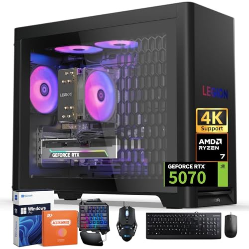 Lenovo Legion Tower 5 (2025) Ordinateur de bureau de jeu 30 L, NVIDIA RTX 5070 12 Go GDDR7, AMD Ryzen 7 7700X (jusqu'à 5,4 GHz), 32 Go DDR5 5600MT/s, 2 To SSD, ventilateurs ARGB, Windows 11 Pro