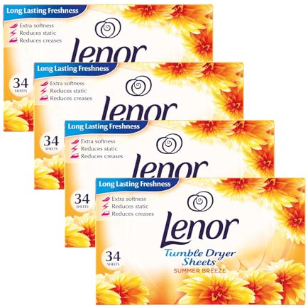 Lenor Fabric Tumble Dryer Sheets SUMMER BREEZE, 34 Sheets per Pack, 4 Pack | Reduces Static & Freshens Clothes