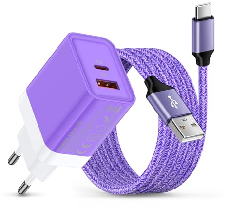 20W USB C Ladegerät mit 1.8M Schnellladekabel für Samsung Galaxy A17/A16/A56/A55/A36/A26/S25/S24/S23/S22, 2 Port Schnellladegerät USBC Netzteil Typ C Kabel Handy Stecker Adapter für iPhone 17 16 15