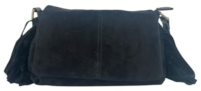 MODELISA - Bolso Bandolera Con Flecos Pequeño Estilo Casual Solapa Correa De Hombro Ajustable Para Mujer (Negro)