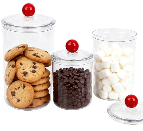BigKing Lot de 3 bocaux en plastique hermétique avec couvercle, transparent, 67 onces, 47 oz et 30 onces, sans BPA, pot de bonbons, distributeur de coton pour cuisine et salle de bain