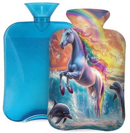 Entemne Wärmflasche, 2 l, Regenbogen, weißes Pferd, springender Delfin, Wärmbeutel mit Bezug, wiederverwendbare Therapie-Tasche zur Schmerzlinderung, Menstruationskrämpfe, Muskelkater, Winterwärme