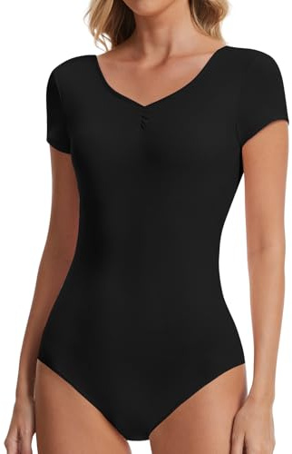 OVRUNS Dance Leotards for Women Short Sleeve Gymnastics Ballet Leotard V Neck Scoop Back Adult Bodysuit Black M