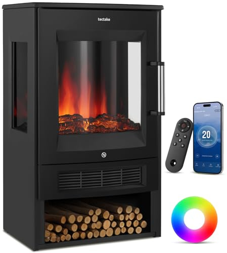 tectake® Chimenea Electrica Decorativa con Efecto Llama 3D Realista, 2 Niveles de Potencia 900W y 1800W, Control Digital, Chimenea Eléctrica con Mando a Distancia - 36 x 44 x 75 cm