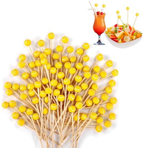 Lot de 100 cure-dents en bambou pour apéritifs, pics à cocktail en bambou pour boissons, brochettes à cocktail, pics en bambou avec dessus en forme de balle de sport, parfaits pour les apéritifs, les