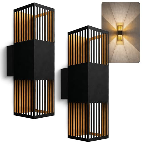 SSC-LUXon REVALO Wandleuchte 2er schwarz-gold Up & Down warmweiß IP65 | Zwei eckige Up-Down-Wandleuchten schwarz-gold - warmweißes Licht mit Schatteneffekt für Fassade, Terrasse & Wohnraum, IP65
