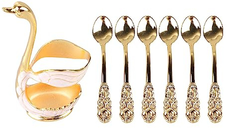 Kuuleyn Support d'agitateurs à café, porte-cuillère à café, élégant miroir en alliage en forme de cygne, détails riches pour fête, café, bureau (Gold White Holder with Spoon)