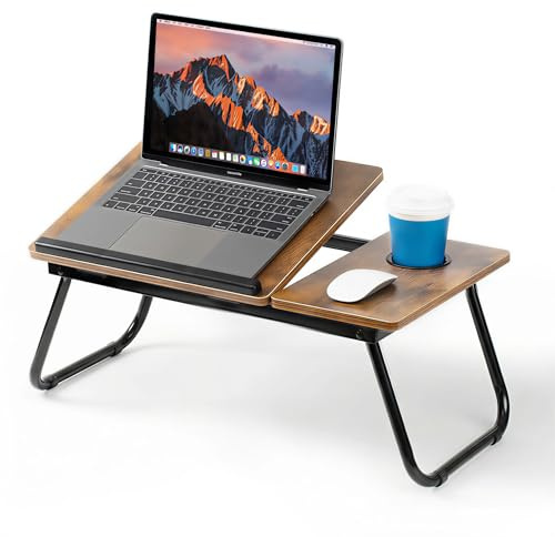 Mesa para Cama y Sofá, Plegable Bandeja con Tapa Ajustable, 56x32x25cm | Mesa Cama Ordenador con Portavasos, Tablero MDF y Soporte Metálico, Madera Carbonizada