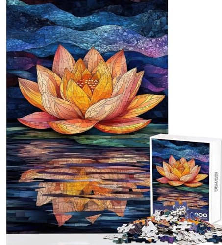 Teenager-Puzzle mit 1000 Teilen Seerosen-Spiegelung Buntglas-Kunst Denkspiel Präzisions-Schneide-DIY-Spielzeug Weihnachts- und Geburtstagsgeschenk (38x52cm)