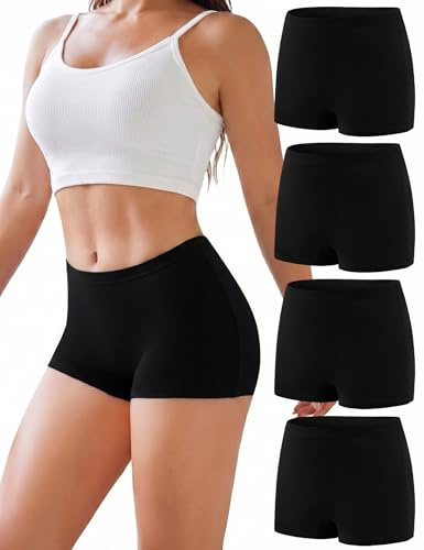 Briyat Shorty Femme Taille Haute, Jambes Courtes Allongées, Dos Couvrant | S-3XL Boxer Femme Coton, Caleçon Femme, 93,2 % Coton, 6,8 % Élasthanne, Ceinture Souple Et Extensible, Au Quotidien, Lot De 4