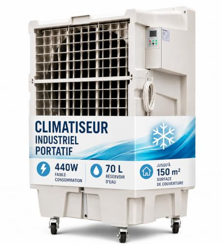 Climatizador Evaporativo Industrial VONALA, 12000 m³/h, Hasta 150 m², Depósito 70L, 440W Bajo Consumo, Climatizador Industrial Portátil con Entrada de Agua Automática, Enfriador