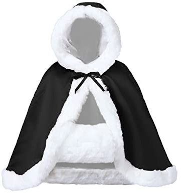 Wedding Cape Hooded Cloak for Bride Winter Reversible with Fur Trim Free Hand Muff Hip-Length Black uff Hip-Length
