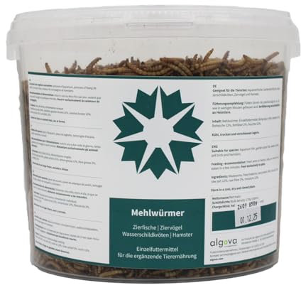 Mehlwürmer getrocknet - Natürliches Insekten-Futter für Zierfische, Zier-Vögel, Schildkröten, Igel (5L = 850g)