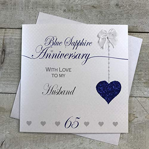 WHITE COTTON CARDS LLA65H Glückwunschkarte zum 65. Hochzeitstag mit blauem Saphir, handgefertigt, Motiv: Liebeslinien, 16 x 16 cm