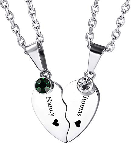 INBULE Personalisierte Herz Pärchen Halskette mit Wunschgravur von Name Datum für Paare Damen Herren Liebhaber Geburtsstein Edelstahl Verstellbare Kette Liebevolle Beziehung Puzzle Anhänger