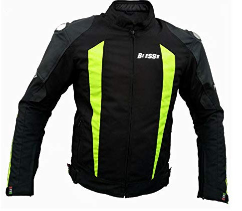 BI ESSE BS MOTO - Giacca da MOTO in tessuto e pelle impermeabile, Racing e sport, completo di protezioni CE (IT, Testo, L, Regular, Regular, Nero/Giallo Fluo)