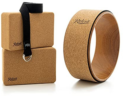 Relexit Yoga Wheel Set 4 in 1, Rückenroller bei Rückenschmerzen, Yoga Block 2 Packungen mit Yoga Gurt, Perfekt zum Dehnen, Verbesserung der Flexibilität und Rückbeugen, Kork