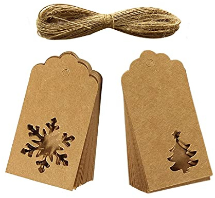 50 Pieces Paper Gift Tags Kraft Hang Labels Christmas Tree Snowflake Shape Hanging Labels with Twines String for Gift Wrapping