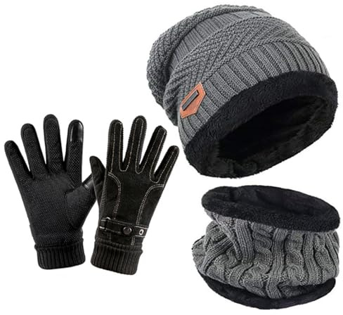 YULOONG Beanie Hut Schal Handschuhe Set Winter Strickmütze Halswärmer Touchscreen Fahrhandschuhe für Männer Frauen