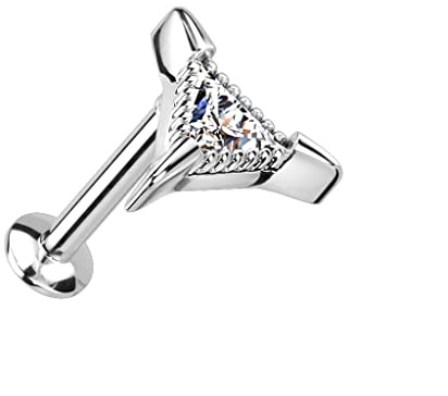 Paula & Fritz® Push-In Labret Piercing Triangle Silber Zirkonia Klar Chirurgenstahl 316L 1-mm Stab-Stärke Madonna Medusa Ohr-Stecker Labret Stud