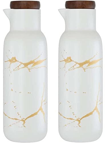 MAGICVOGEL 2er Set Ölflasche Essigspender Staubdicht Öl Spender aus Keramik Marmor Optik Olivenölspender 380ml Ölspender für Küche Grillparty BBQ (Weiß)