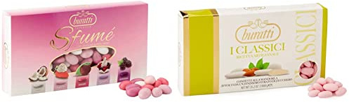 Buratti Confetti con Mandorle Tostate Ricoperte di Cioccolato, Bianco ai Molteplici Gusti, Tenerezze Sfumè Rosa - 1000 g & alla Mandorla Intera Rosa - 1000 g