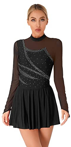 iEFiEL Damen Langarm Ballettkleid Eiskunstlauf Kleid mit Glitzer Kristallen Ballettkleidung Gymnastik Leotard Turnanzug Tanzkostüm Zf Schwarz XL