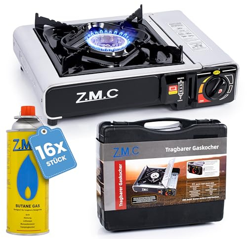Z.M.C Edelstahl Gaskocher 1-flammig + Aufbewahrungskoffer + 16x Gaskartuschen 227g, Campingkocher für Outdoor und Innenraum, Campinggaskocher 2,2 kW, Balkon Tischgrill mit Piezozündung