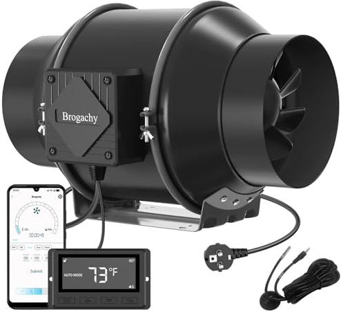 Brogachy 150mm Intelligent Inline Duct Fan With Wifi App, Three-Phase Motor (UK Plug) 689 m³/h, 6 Inch for Growth Tent, Hydroponics, Home Use, Ventilation and Exhaust