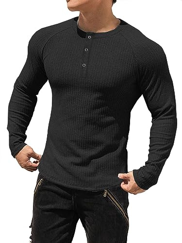 Muhshoiy Herr Slim Fit Långärmad T-shirt bomullsmuskel Henley-skjortor Stretchig Casual Snygg ribbad t-shirt Svart M