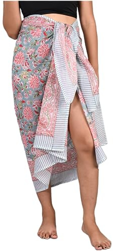 INDACORIFY 100% Coton Main Bloc imprimé Sarong Femmes Maillot de Bain Cache-cœur, Plage Bikini Jupe paréo écharpe étole châle pour Femmes (Design-12)