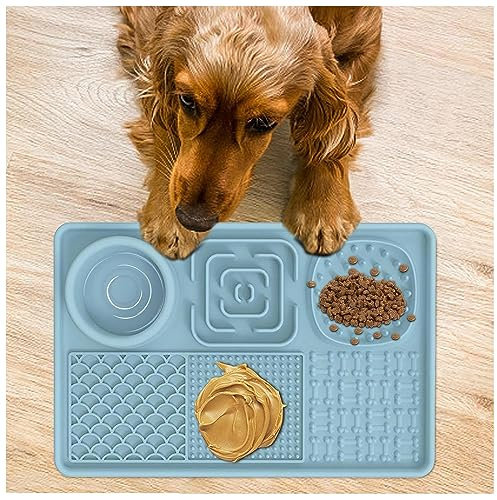JUNZAI Schleckmatte Katze, mit superstarker Saugkraft,BPA-fre,Anti Rutsch, Silikon Schleckmatte Hund Hunde Napf Große Hunde, für Hundeleckerli und Katzenfutter,Langeweile Relief,Blue