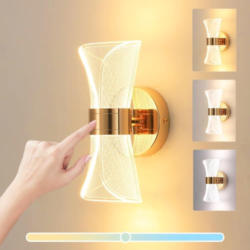 KZT LED Wandlampe mit Schalter 12W Schlafzimmer Touch Control Wandleuchte Dimmbar Innen Leselampe Up Down Leuchte Schwarz Wandbeleuchtung für Gang Treppe Flur Dachgeschoss Küche Wohnzimmer, Gold