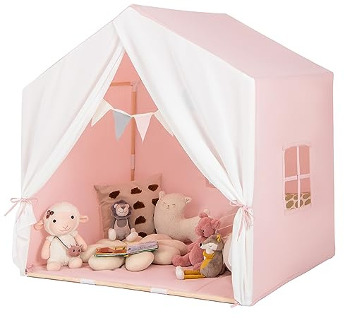 DREAMADE Kinderzelt für drinnen mit Matte und Girlande, Kinder Spielhaus Indoor mit Fenstern & Vorhang, Tipi Zelt, Kinder Spielzelt mit Massivholzrahmen für Jungen und Mädchen (Rosa + Weiß)