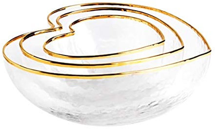 OQHAIR Cuencos de Fruta de Cocina Juego de Cuencos de Vidrio Creativo Ensaladera de Frutas Cuenco de arroz con Fideos Cuenco de Cristal en Forma de corazón con Borde Dorado Decoración Vaj
