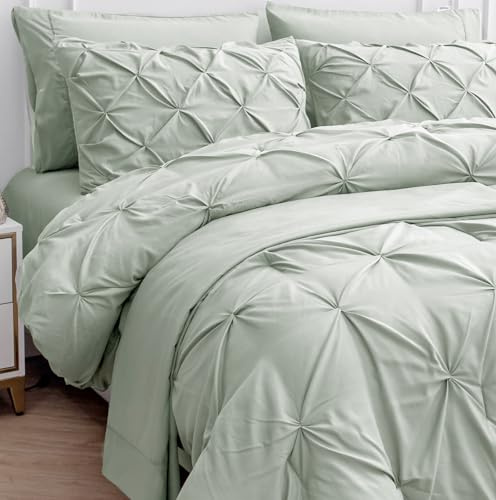 LANE LINEN Queen Comforter Set with Sheets - 7 Piece - Elegant Pintuck Stitch Design Bedding - with 1 Comforter, 2 Pillowcases & 2 Shams 1 Flat & a 14 Fitted Sheet - All-Season Everyday Use – Mineral