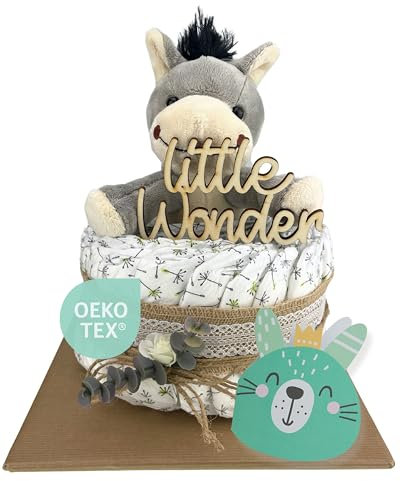 Windeltorte ® Vintage Torte [JUTE & HOLZ] - Jungen & Mädchen - Neutral Unisex - Geschenk zur Geburt - Baby Party - Babyshower - Pullerparty - Caketopper (Boho - Vintage - LITTLE WONDER - 1-stöckig)