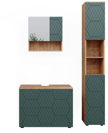 Vicco Badmöbel-Set Irma, Grün/Goldkraft Eiche, 80 cm | besteht aus Waschbeckenunterschrank, Spiegelschrank und Hochschrank