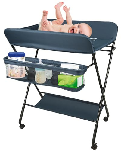 Wickeltisch Klappbar-Wickelkommode Babypflegetisch-Mobiler Wickelkombi mit Wickelauflage, Sicherheitsgurt und Ablagefächern, Tragbar Wickelkombination (dunkelblau-80 * 66 * 98cm)