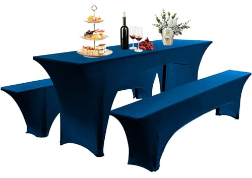 AIMENJOY Elastisch Biertischhussen Bierbank-Auflage & Tischdecke Für 50 cm or 70 cm Table Width 3 TLG-Set Breite Bierzeltgarnitur Stretch Hussen Für Festzeltgarnituren Bierbank Hussen (Blau -3,70 cm)