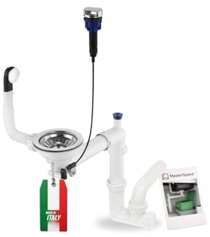 GRANMASTER Siphon Küchenspüle Automatischer 1-Kammer Raumsparsiphon mit überlauf - Ablaufgarnitur für Spüle Made in Italy Anschluss an der Unterseite: 1 1/2 Siebkorb Excenterventil 3 1/2- 30x25x35cm