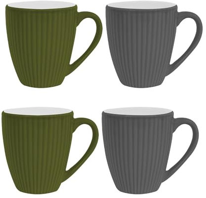 YöL Set of 4 Ribbed Mugs Grey Green Tea Coffee Cups Mug Set 12oz Stoneware Home Kitchen Modern Contemporary Microwave Dishwasher Safe